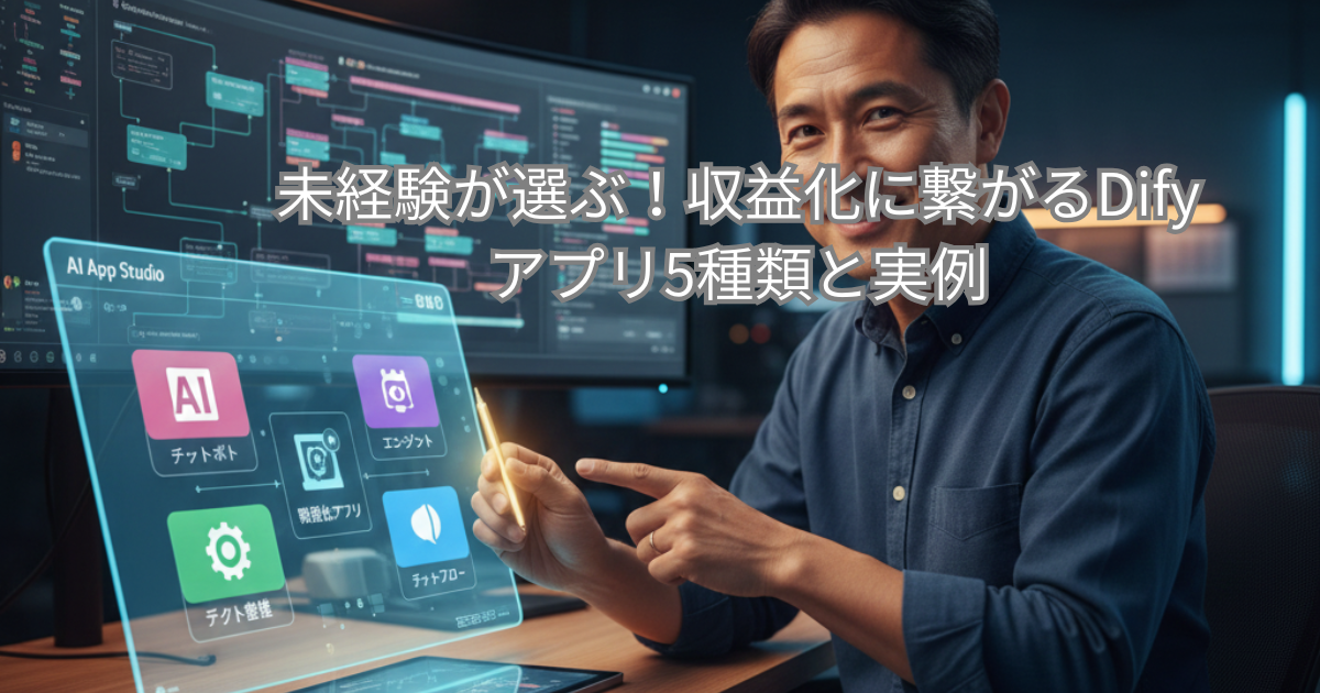 Dify (ディファイ) のホーム画面と5つの開発項目（チャットボット、ワークフローなど）をイメージした画像。未経験者がAI副業で収益化できるアプリのアイデアと種類を解説。