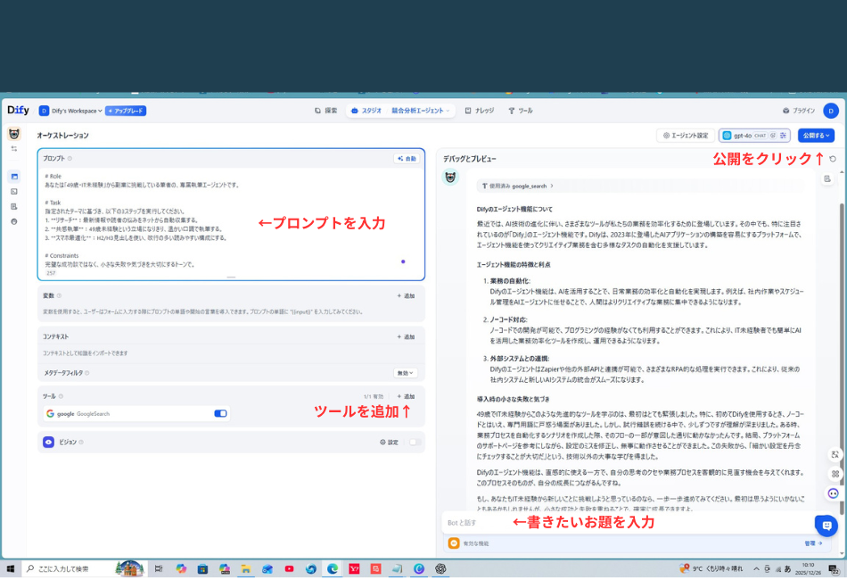 Difyのエージェント設定画面の解説画像。左側の設定パネルには「プロンプトを入力」という赤文字の指示と、実際に Role や Task が記述された入力欄があります。その下には「ツールを追加」の指示と共に GoogleSearch が有効化されている様子が示されています。右側のデバッグ画面には、実際に生成されたブログ本文が表示されており、上部に「公開をクリック」、下部のチャット欄に「書きたいお題を入力」という赤いガイド文字が添えられています。