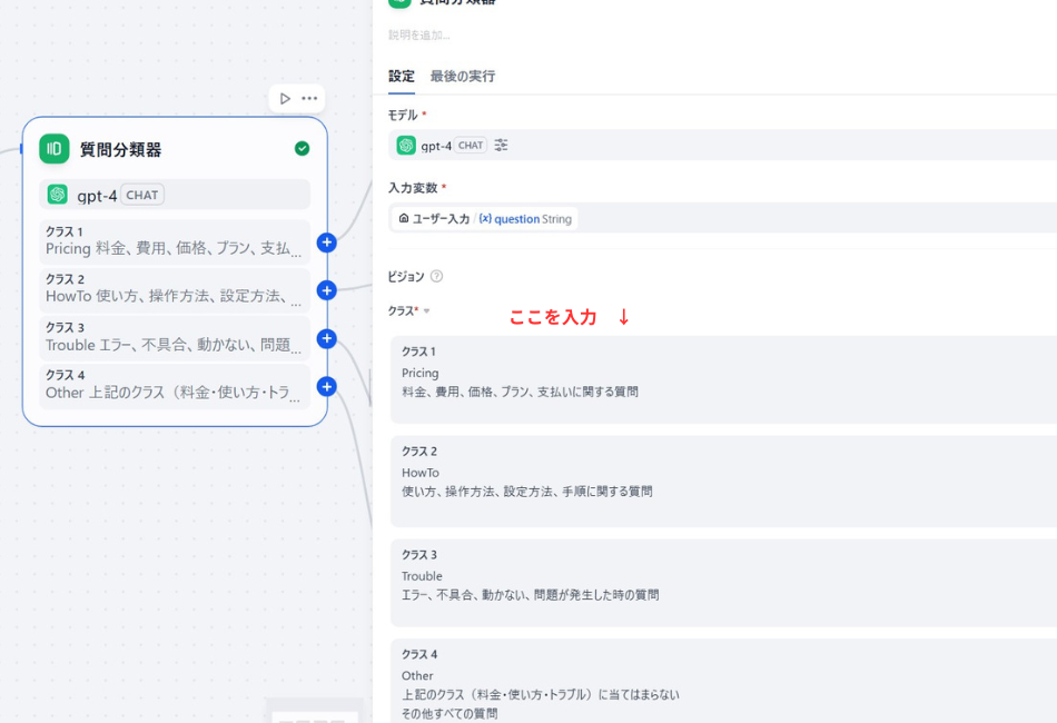 入力変数: ユーザー入力の「question」が割り当てられている。

クラス設定: クラス1からクラス4までの具体的な分類定義が表示されており、クラス名のすぐ上に赤い文字で「ここを入力 ↓」という注釈がある。

クラス1 (Pricing): 料金、費用、価格、プラン、支払いに関する質問

クラス2 (HowTo): 使い方、操作方法、設定方法、手順に関する質問

クラス3 (Trouble): エラー、不具合、動かない、問題が発生した時の質問

クラス4 (Other): 上記に当てはまらないその他すべての質問
