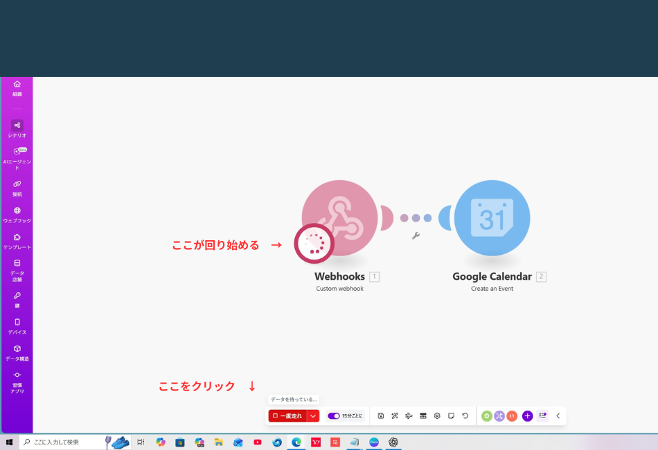 Makeのシナリオを稼働させる直前のテスト画面のスクリーンショット。画面中央のWebhooksアイコンが回転しており、赤字で「ここが回り始める →」という注釈がある。また、画面左下の実行ボタン付近には「ここをクリック ↓」という赤い指示があり、データの受信待ち（待機状態）に移行する操作を示している。
