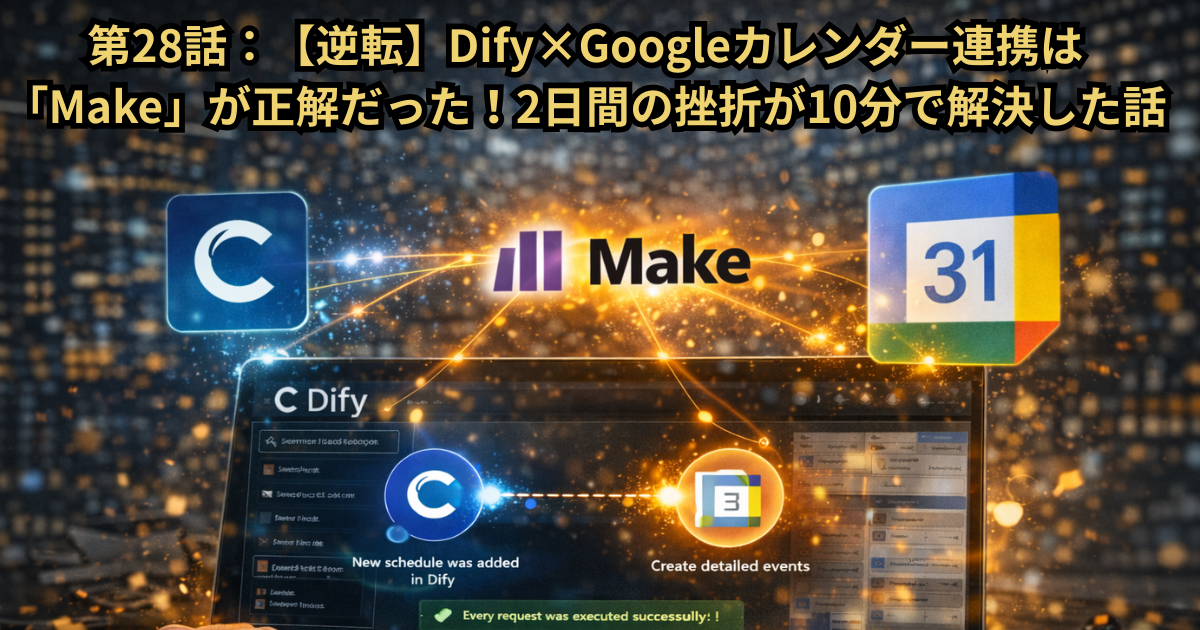 DifyとGoogleカレンダーの連携が解決した瞬間を象徴するアイキャッチ画像。近未来的なデータセンター空間で、ノートパソコンを操作する手元と、スムーズにつながるデジタルインターフェースが描かれ、Makeを使った自動化によってAI連携の課題を短時間で突破した実践ストーリー第28話を表現している。
