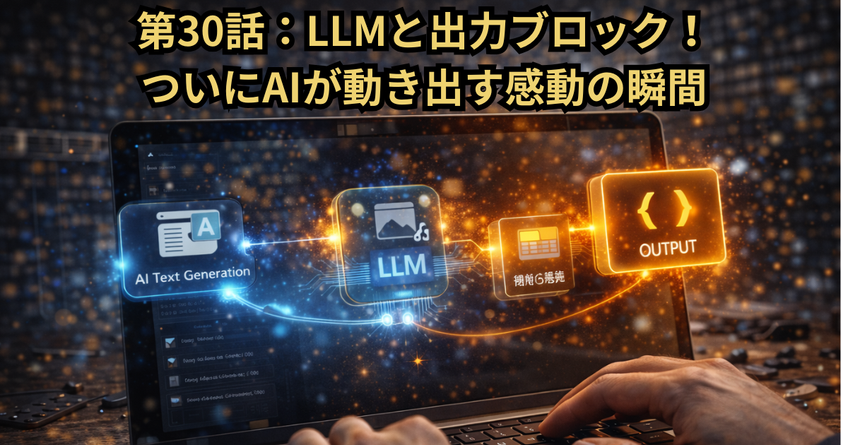 LLMを中心に、テキスト生成・画像生成・検索などのAI機能ブロックが歯車のようにつながる様子を描いたアイキャッチ画像。作業机の上で手作業でパーツを組み立てるようにAIワークフローを構築し、ついにAIが実際に動き出す瞬間の感動と発見を象徴している。