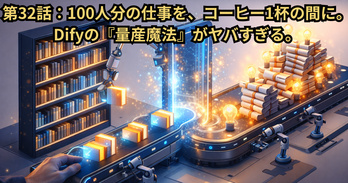 AI自動化を表現した近未来の工場イメージ。知識ベースのデジタル書籍がコンベアで処理され、AIによって分析・反復され、整理されたドキュメントと洞察が生み出される様子を描いたDify活用イメージのアイキャッチ画像