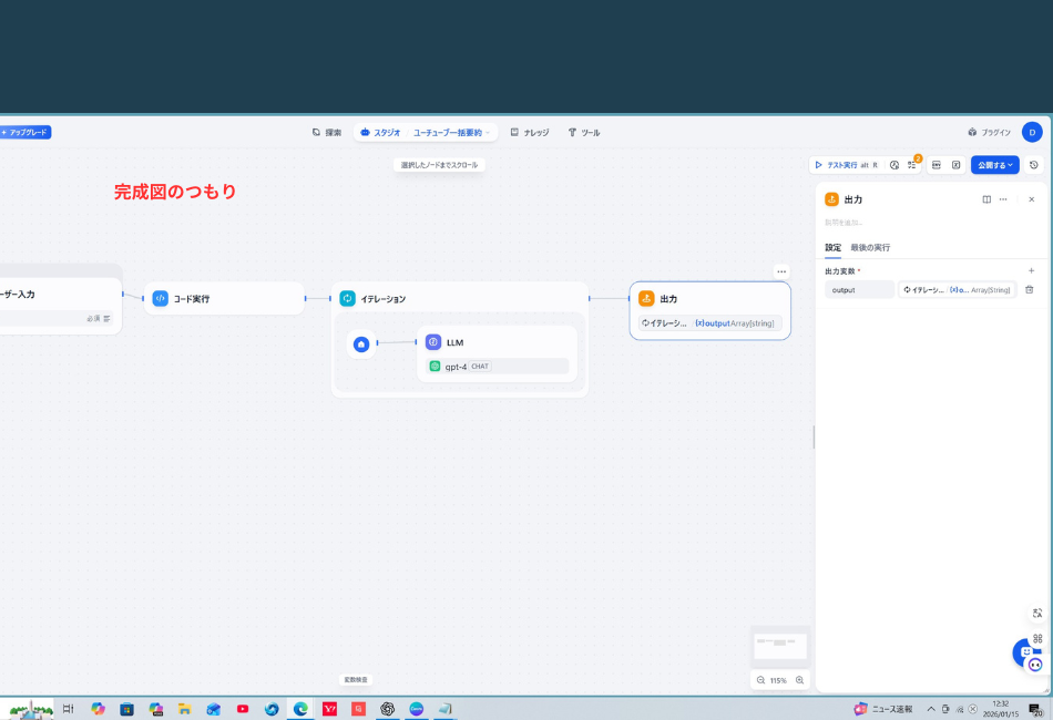 ワークフローの「完成図のつもり」と赤字で注釈が入ったスクリーンショット。開始から出力まで一本の線で繋がり、右側の出力設定パネルで変数が正しくセットされている状態。