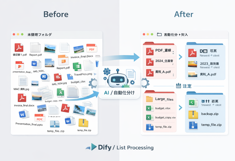 Difyの「List Processing」機能を紹介する図解。左側の「Before」には「未整理フォルダ」の中にPDF、画像、Excel、Wordなどのファイルがバラバラに配置されています。中央のAIロボットのアイコンを介して、右側の「After」では「自動仕分け」が行われ、PDFファイルが日付順に並んだフォルダや、大容量ファイル（Large_files）とスプレッドシートが整理されたフォルダへと、整然と格納されている様子が描かれています。