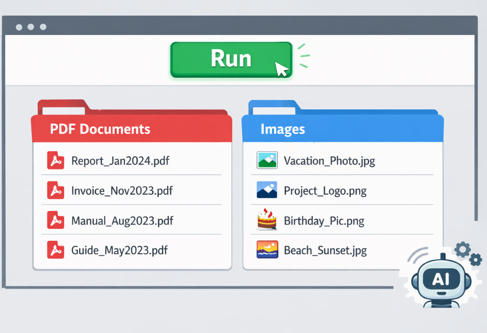 ソフトウェアの実行画面を模したイラスト。上部には「Run」ボタンがあり、その下に赤色の「PDF Documents」フォルダと青色の「Images」フォルダが並んでいます。PDFフォルダには日付入りのレポートや請求書が、画像フォルダには写真やロゴが整理されて格納されています。右下にはAIを象徴するロボットのアイコンが配置されています。