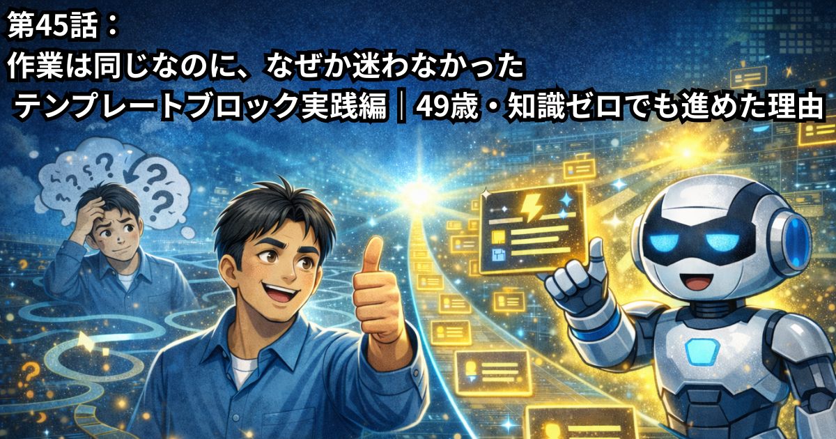 Difyのテンプレートブロック実践を解説するアイキャッチ画像。49歳・AI未経験者が同じ作業でも迷わず進めた理由を、テンプレートによる作業効率化と初心者向けAI活用の流れとして視覚的に表現したイラスト。