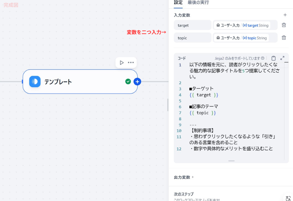 ワークフロー構築画面のスクリーンショット。左側には「テンプレート」というノードが配置され、右側の設定パネルには「入力変数」として「target」と「topic」の2つが登録されています。中央のコードエリアには、Jinja2形式のプロンプトが記述されており、「ターゲット：{{ target }}」「記事のテーマ：{{ topic }}」という変数が埋め込まれています。画面上部には赤字で「変数を二つ入力→」というガイドが記載されています。