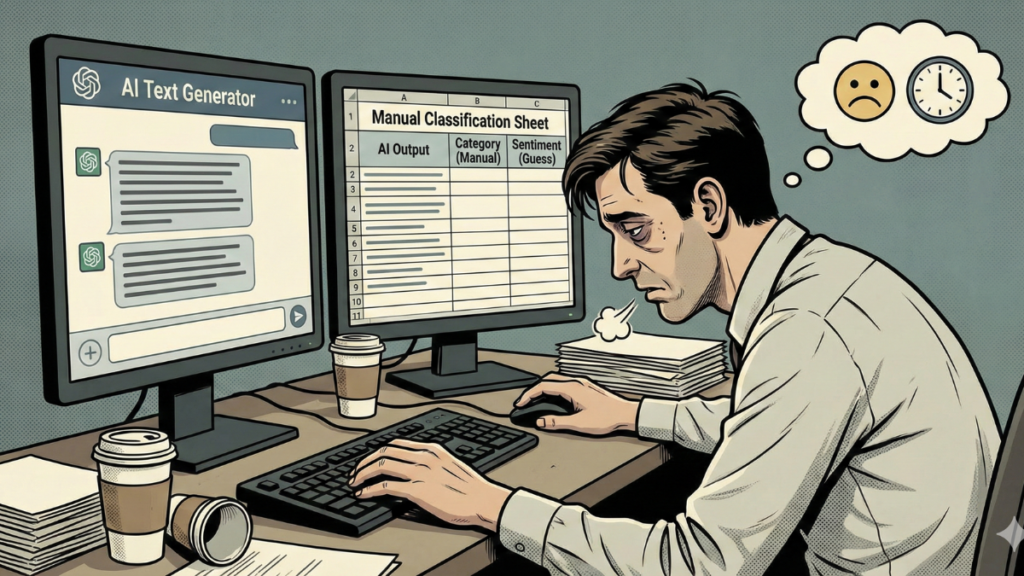 AIチャット画面と手動分類用Excelシートの2つのモニターに向かい、疲れ切ってため息をついている男性のレトロなコミック風イラスト。長時間労働と退屈な作業を示す思考の吹き出しがある。