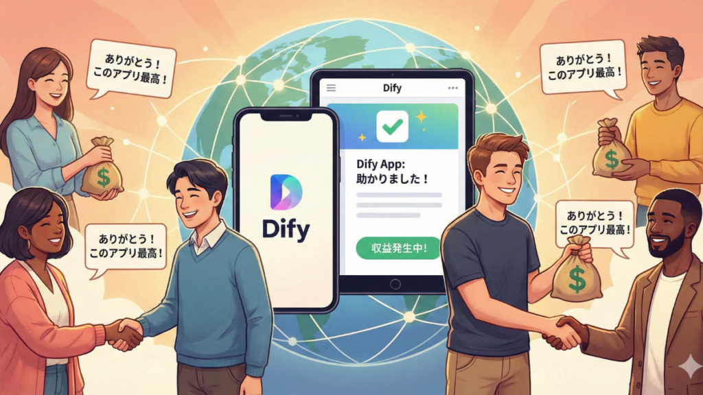 （Difyアプリの成功イメージ） 中央に「Dify App: 助かりました！」「収益発生中！」と表示されたスマートフォンとタブレットが配置されている。その周囲では、多様な人種の人々が笑顔で握手をしたり、ドル記号（$）の描かれた袋を持ったりしており、「ありがとう！このアプリ最高！」という日本語の吹き出しと共に、アプリが人々の役に立ち収益を生んでいる様子が描かれている。背景には地球とネットワークの線が描かれている。