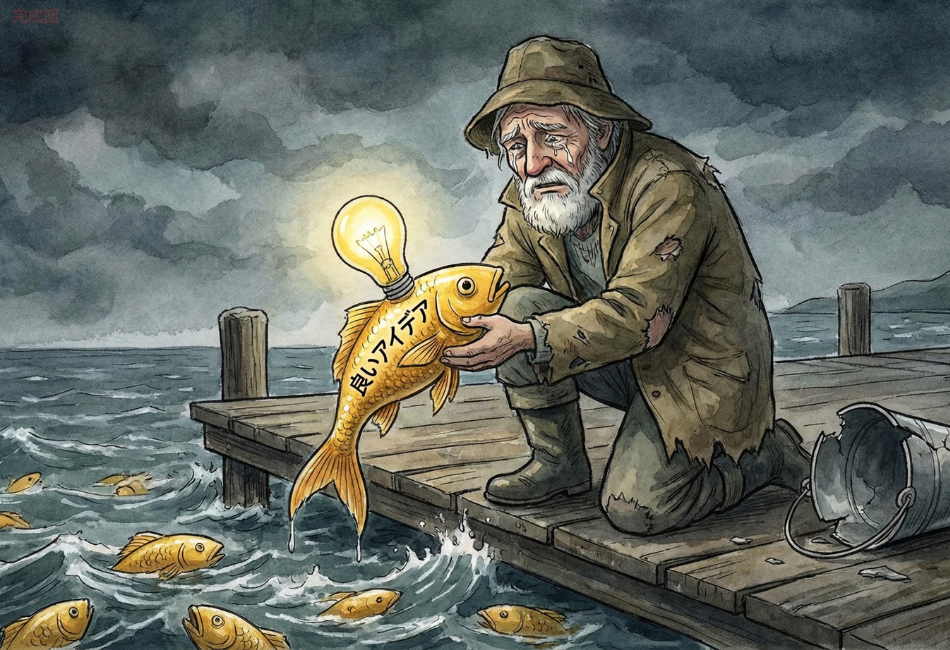 荒れた海辺の桟橋で、涙を流しながら『良いアイデア』と書かれた光る金の魚を抱える老漁師のイラスト」