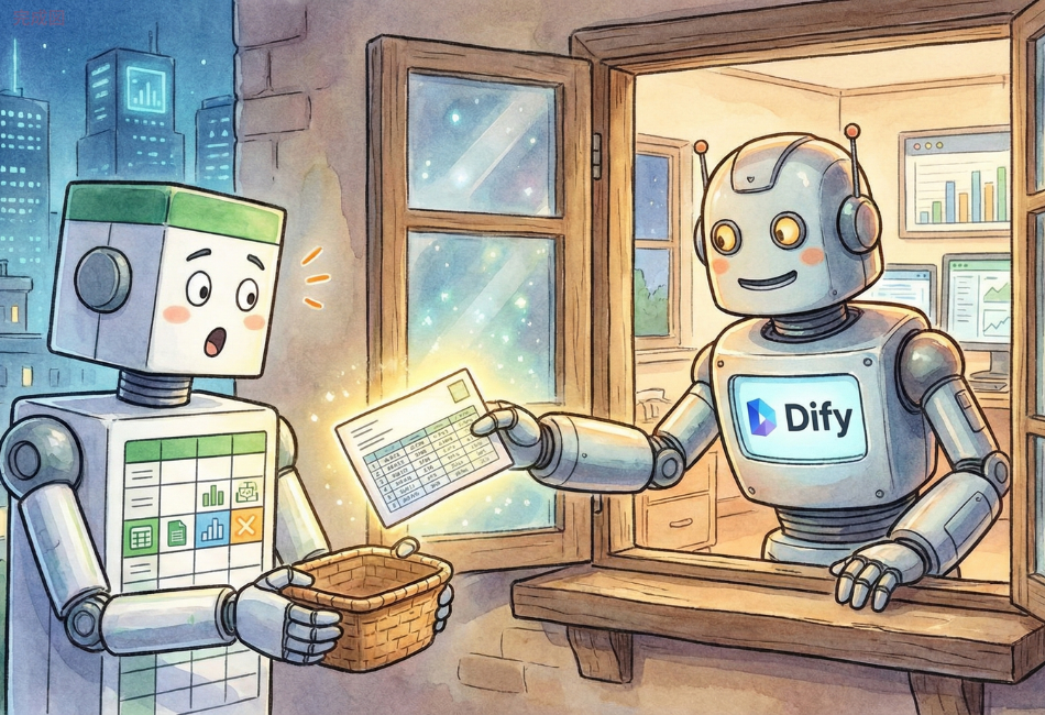 夜の街を背景に、窓辺で二体のロボットが交流している心温まるイラスト。右側の窓の中にいるロボットの胸には『Dify』のロゴが表示されており、光り輝くデータ表のような書類を、外にいる左側のロボットへ手渡している。左側のロボットは表計算ソフトのアイコンが並んだデザインをしており、驚いた表情でカゴを差し出して書類を受け取ろうとしている。AIツールがデータを処理し、効率化を助ける様子を擬人化したような、明るく親しみやすい水彩画風の描写。」