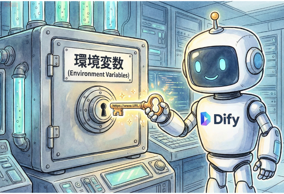 「Difyのロゴがついた可愛らしいロボットが、大きな金庫の鍵穴に『https://www.URL』と書かれた光る金の鍵を差し込もうとしているイラスト。金庫の扉には大きく『環境変数 (Environment Variables)』と書かれたプレートが付いている。背景にはサーバーラックやモニターが並ぶハイテクな施設が水彩画風の優しいタッチで描かれており、ウェブアプリのURLを環境変数として設定し、システムを連携させる様子を象徴的に表現している。」