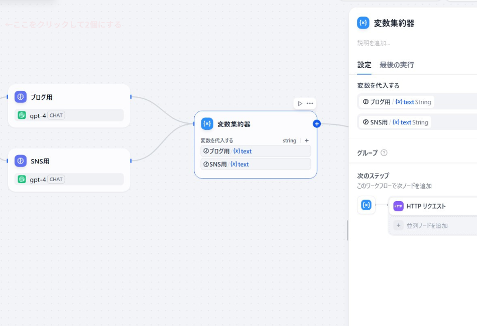 Difyの「変数集約器」ノードの設定画面。条件分岐によって別々のLLMから出力された「ブログ用」と「SNS用」のテキスト情報を、次の外部連携ステップ(HTTPリクエスト)へ渡すために一つの変数にまとめる処理を説明しています。