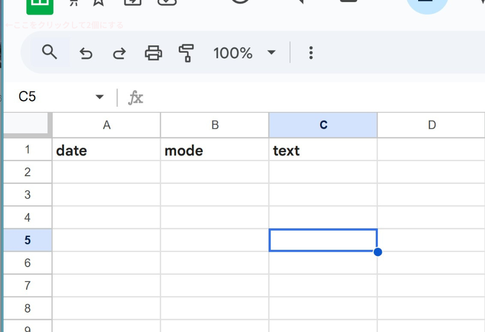 Difyからの出力結果を自動保存するために用意されたGoogleスプレッドシートの画面。1行目に「date」「mode」「text」という見出しを設定し、API連携によるデータ書き込みの土台を作成している状態を説明しています。