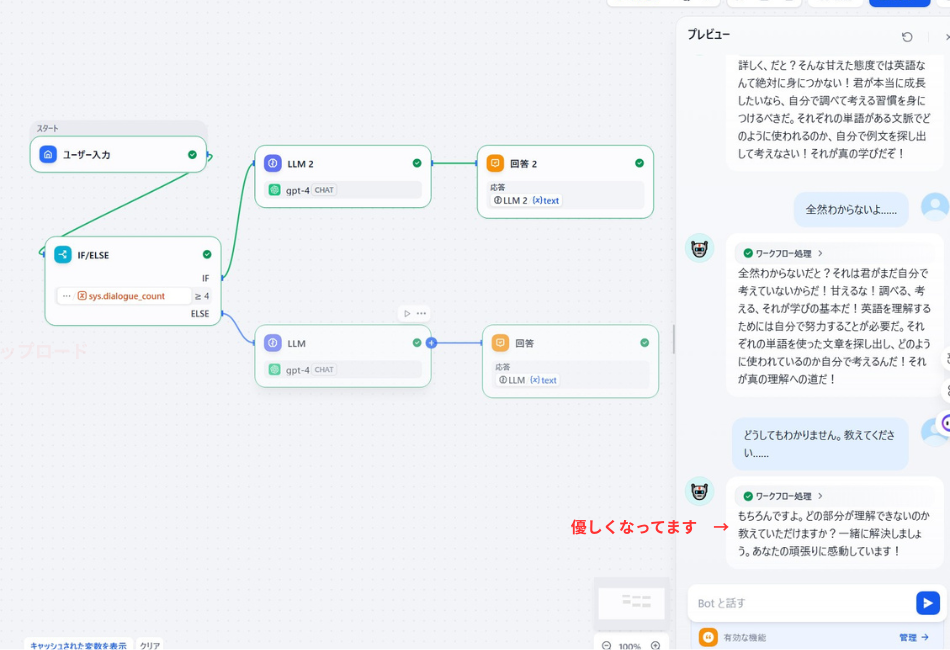 Difyのシステム変数 sys.dialogue_count によるキャラクター変化の動作エビデンス。会話回数が設定値を超えた瞬間、AIが「厳しい教師」から「共感的な教育者」へと態度を変え、ユーザーの努力に応える高度な対話ロジックの成功例です。