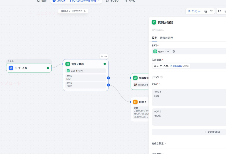 Difyの「質問分類器」ノードの設定画面。ユーザーの質問をAIが「FAQ」か「その他」に自動分類し、ナレッジ検索を行うか、通常のAI回答を行うかを動的に切り替えるワークフローの構築手順を解説しています。