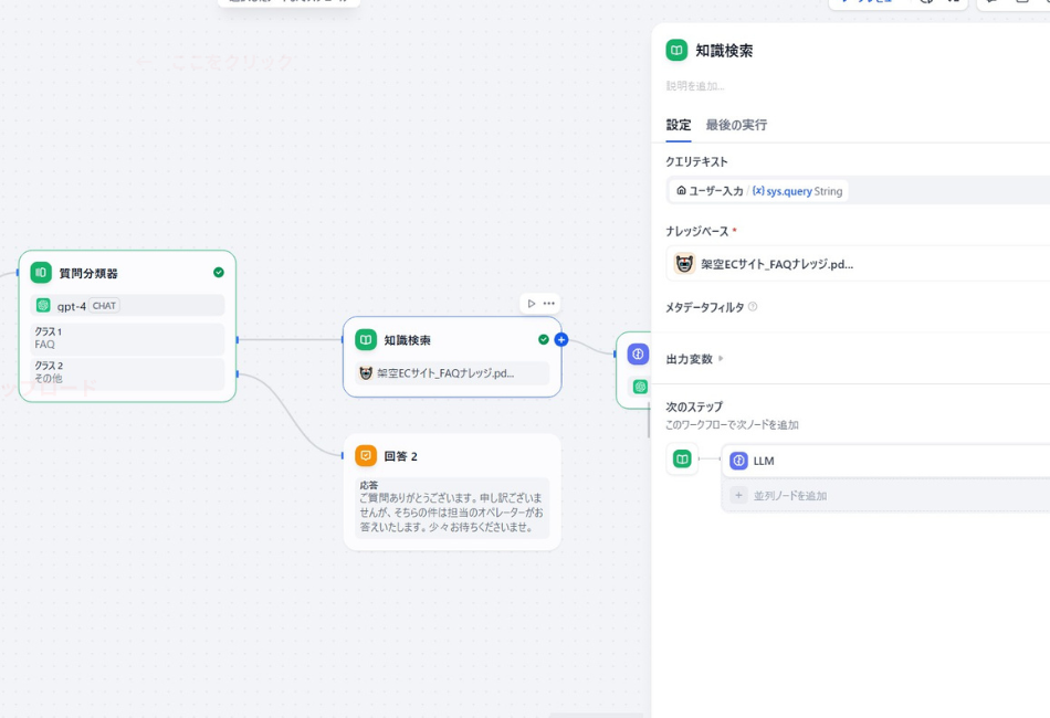 Difyの「知識検索」ノード設定画面。質問分類器で「FAQ」と判断された質問に対し、事前に取り込んだPDFナレッジ（FAQ資料）から情報を検索し、精度の高い回答を導き出すためのワークフロー構築手順を解説しています。