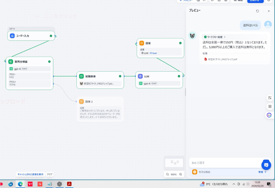 Difyのナレッジ検索（RAG）機能を活用したFAQ自動応答のテスト画面。ユーザーの送料に関する質問に対し、AIがPDF資料から正確な数値を引用して回答し、出典も明記している高度なワークフローの動作例です。