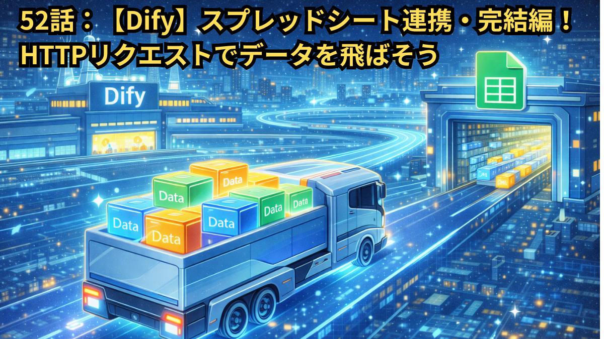 「ブログ記事のアイキャッチ画像。夜のデジタル都市を背景に、『Data』と書かれたカラフルなボックスを大量に積んだトラックが、光り輝くハイウェイを走行しているイラスト。トラックは左奥にある『Dify』と書かれた建物から出発し、右側にある大きなGoogle スプレッドシートのアイコンが掲げられたトンネル（倉庫）へと向かっている。画面上部には『52話：【Dify】スプレッドシート連携・完結編！ HTTPリクエストでデータを飛ばそう』というタイトル文字があり、データが自動で転送されるスピード感と仕組みを表現した近未来的なデザイン。」