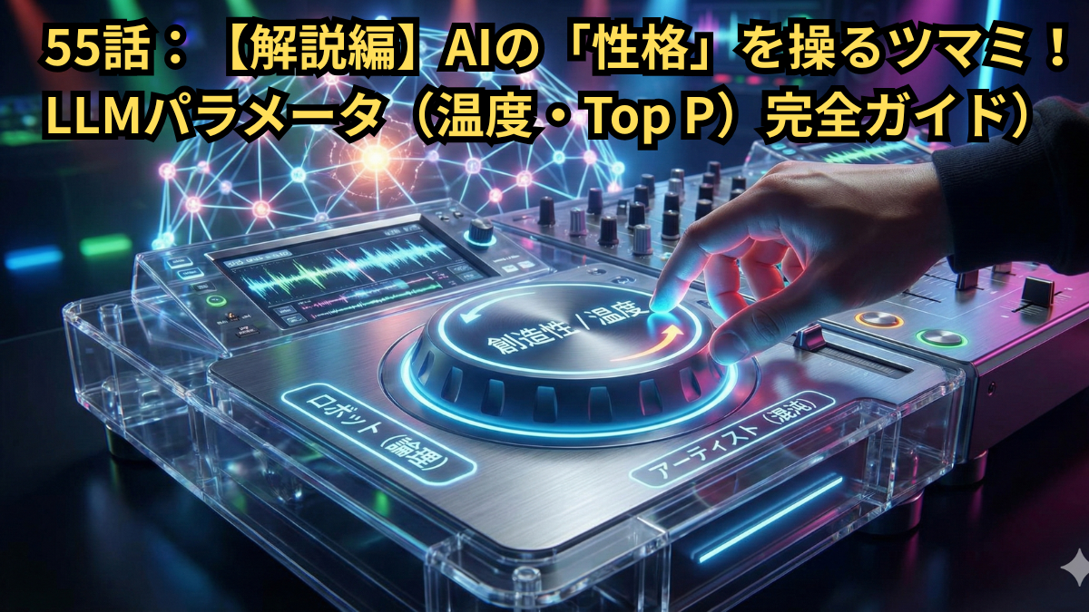 Dify実践記第55話のアイキャッチ。LLMの「温度（Temperature）」や「Top P」といったパラメータを、音響機器のツマミになぞらえて解説する内容を、近未来的なミキサーと操作する手のイラストで表現しています。