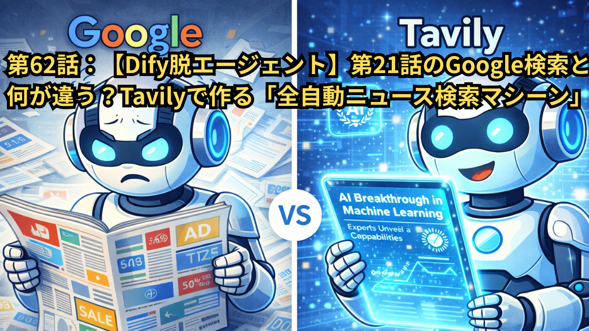 分割画面の画像。左側：広告だらけの散らかった新聞（Google）を読んでストレスを感じているロボット（エージェント）。右側：清潔で光るホログラフィックタブレット（Tavily）を読んでいるクールなロボット（チャットフロー）。タブレットにはAIに関する明確なニュース見出しが表示されている。）