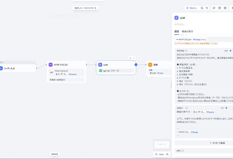 Difyを使用した「競合調査AIボット」のワークフロー構築画面。Jina AIを用いたウェブスクレイピングと、GPT-4oへの詳細な分析指示（プロンプト）を組み合わせ、特定サイトの強みや弱みをテーブル形式で自動抽出する仕組みを解説しています。