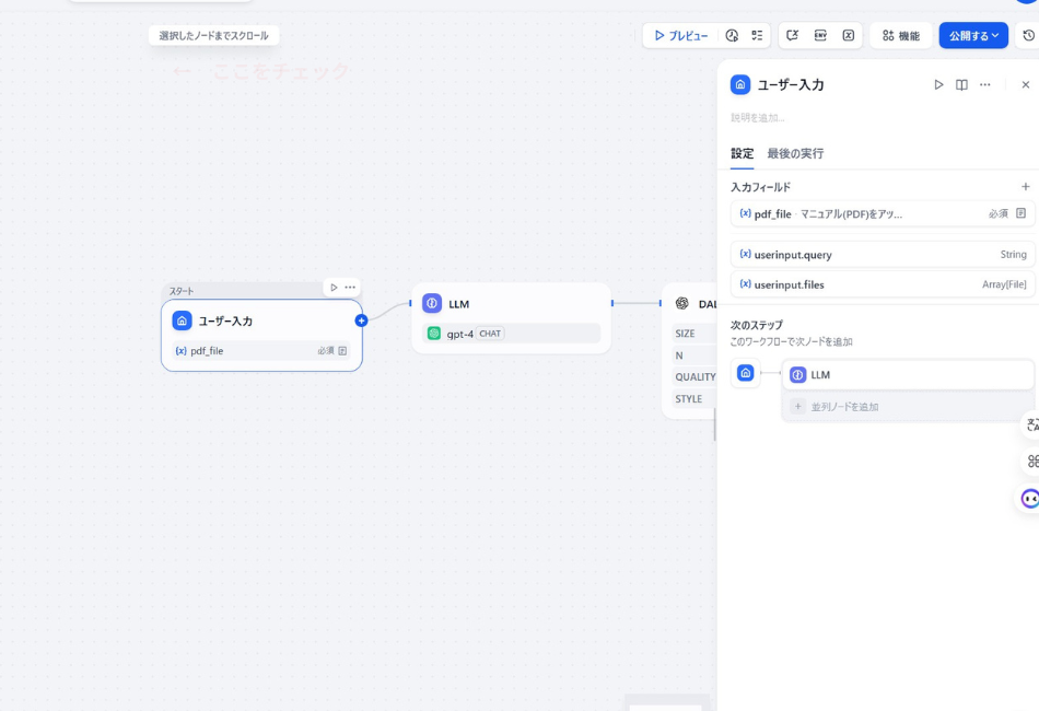 DifyでPDF資料から図解マニュアルを全自動生成するワークフローの構築画面。「ユーザー入力」ノードで必須項目としてPDFファイルを指定（(x) pdf_file）し、次のLLMノード（gpt-4）へデータを渡すための初期設定。マニュアル作成の自動化（現場DX）の起点となるプロセス。