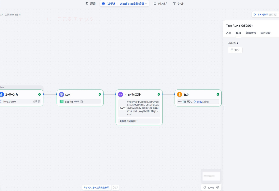 Difyで構築した「ブログ自動執筆AI」のテスト実行結果画面。AIが生成した記事データ(タイトル、本文、HTMLタグ装飾)が、HTTPリクエストノードを通じてGoogle Apps Script(GAS)へ正常に送信され、Googleドキュメントへの自動保存処理が「Success」ステータスで完了したことを示すワークフローの実行ログ。