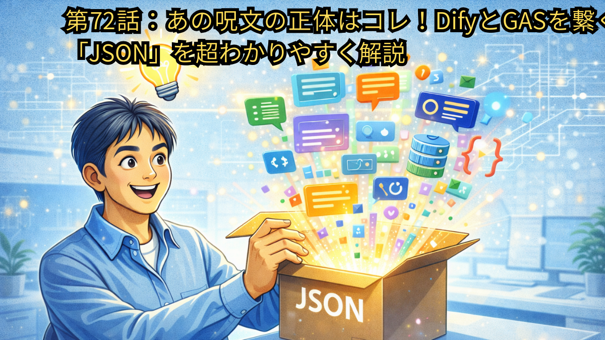 40代後半の日本人男性が、光り輝く「JSON」と書かれた段ボール箱を開けて、中からカラフルなデータや文字が魔法のように飛び出してきて、「なるほど！」と笑顔でひらめいているベクターイラスト。背景は、異なるシステム同士が光の線で繋がっているイメージを取り入れたクリーンな作業空間。プログラミング初心者向けのテック系ブログに最適な、明るく親しみやすいポップなデザイン。