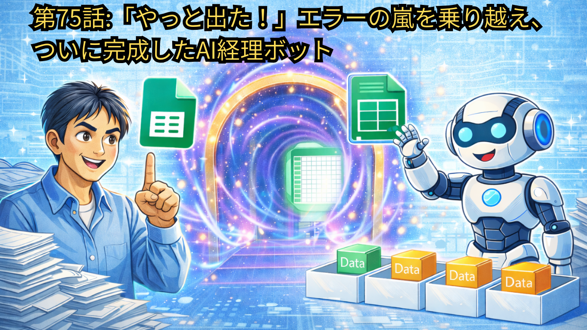 0代後半の日本人男性（Yasu）が、パソコンの前で少し疲れながらも、満面の笑みでガッツポーズをしているベクターイラスト。彼の目の前のモニターには、image_9.pngの8行目のように綺麗に仕分けられたスプレッドシートデータ（日付、科目、取引手段、摘要、取引先、金額）が光り輝いて表示されている。モニターの背景には、image_2.pngやimage_6.pngに見られるような赤いエラーメッセージ（"reading 'postData'", "UrlFetchApp.fetch"）の嵐が去り、虹がかかっている。DifyのAIアイコンが笑顔でデータを整理している。ポップで希望に満ち