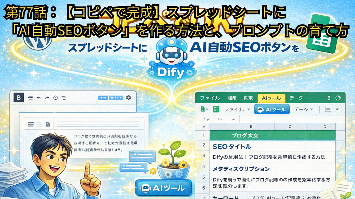 モダンで親しみやすいフラットイラストスタイルの、明るく鮮やかなクリーンな背景のアイキャッチ画像。中央上部には、大きなボールド体で「コピペでOK！」という日本語テキストを配置。その下には、「スプレッドシートにAI自動SEOボタンを作る！」というサブタイトルを配置。テキストの上にDifyのAIアイコンを配置し、そこから左側と右側へ光る線が伸びている。左側には、WordPressのブロックエディタ画面を模した、ブログ本文テキストが入力された編集画面が配置されている。右側には、Google Sheetsアイコンと、具体的な日本語見出しとサンプルデータが入ったテーブルが配置されている。テーブルの見出しは日本語で「ブログ本文」「SEOタイトル」「メタディスクリプション」「キーワード」と書かれている。テーブルの中には、生成されたサンプルのSEOタイトル、ディスクリプション、キーワードが入力されている。スプレッドシートの画面には、独自の「🤖 AIツール」メニューがはっきりと見える。DifyのAIアイコンの近くには、プロンプトの改善（育て方）を表現するために、小さな歯車や成長する植物のメタファー、またはプロンプトエディタ画面の一部が配置されている。デザイン全体は、簡単さ、迅速さ、そして最適化を強調しており、日本の読者に親しみやすいデザインである。