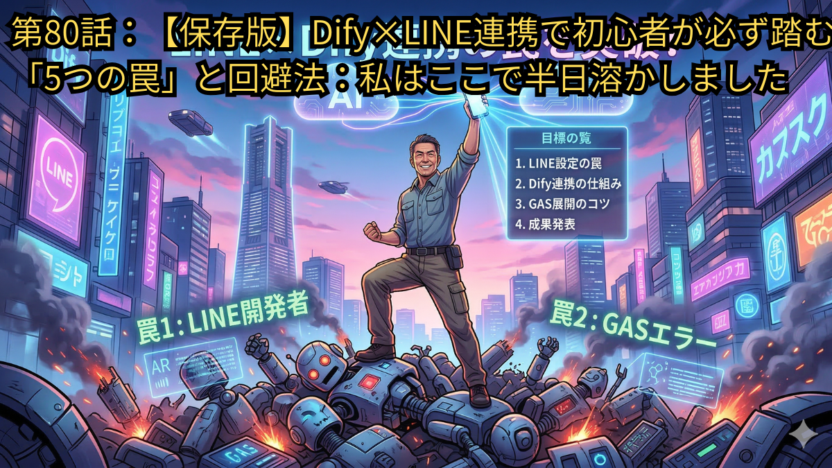 DifyとLINEの連携トラブルとその回避策を解説する、ブログ第80話のアイキャッチ画像。数々のGASエラーや設定の罠を乗り越え、連携に成功した開発者の勝利の姿を描いた、初心者への共感と解決を促すデザインです。