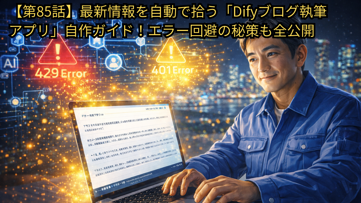 49歳の情熱的な日本人男性が、デジタル画面に向かってDifyのワークフローを構築している。背景には横浜の夜景と、データの繋がりを示す青いライン。画面上のエラーメッセージ（赤い警告）が、彼の手によって成功の光（ゴールド）に変わっていくドラマチックなスタイル。