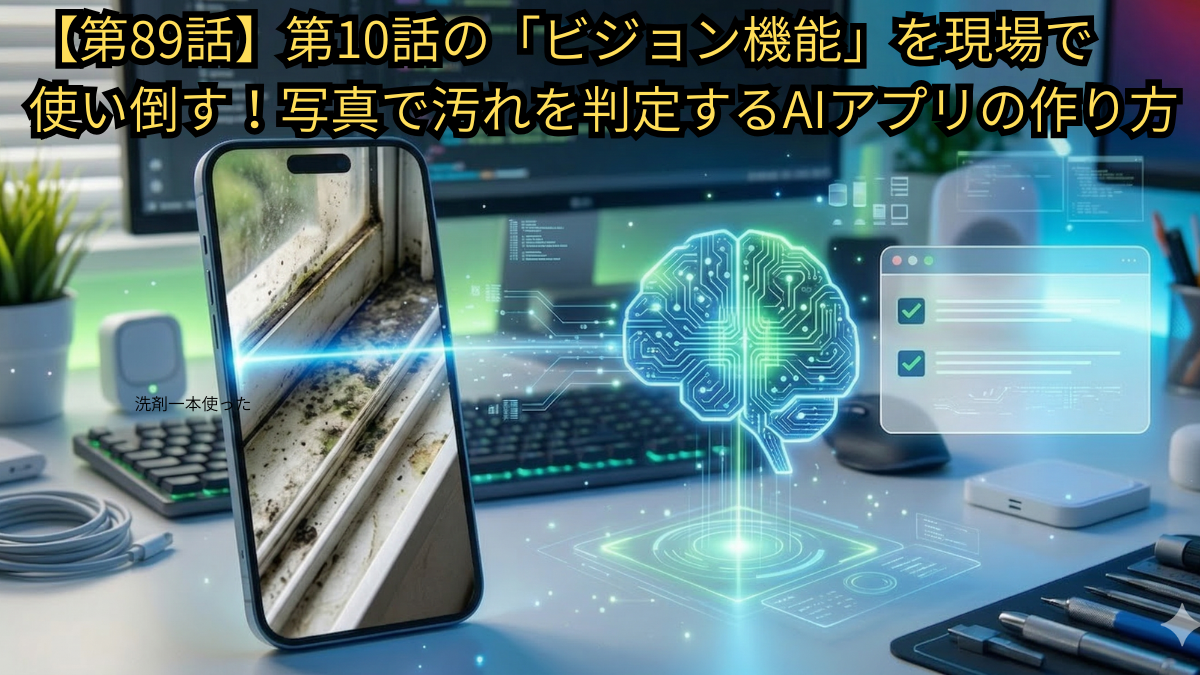 清掃業の現場DX：Difyの画像認識（ビジョン機能）を使った汚れ判定AIアプリの実践的な構築方法。スマホで撮ったサッシの写真をAIが解析し、汚れの度合いを診断する仕組みをイメージしたアイキャッチ。
