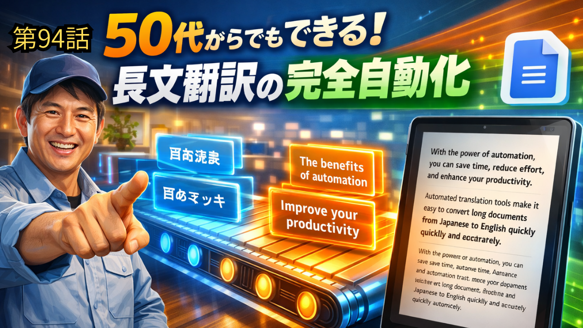 DifyとGoogle Apps Script（GAS）を組み合わせ、50代の初心者でも挫折せずに構築できる「長文翻訳の完全自動化システム」の作り方を解説したブログ第94話のアイキャッチ画像。笑顔の作業着男性（Yasu）が指を差し、日本語のドキュメントがベルトコンベアで英語に翻訳され、Googleドキュメントに保存されるイメージ図。