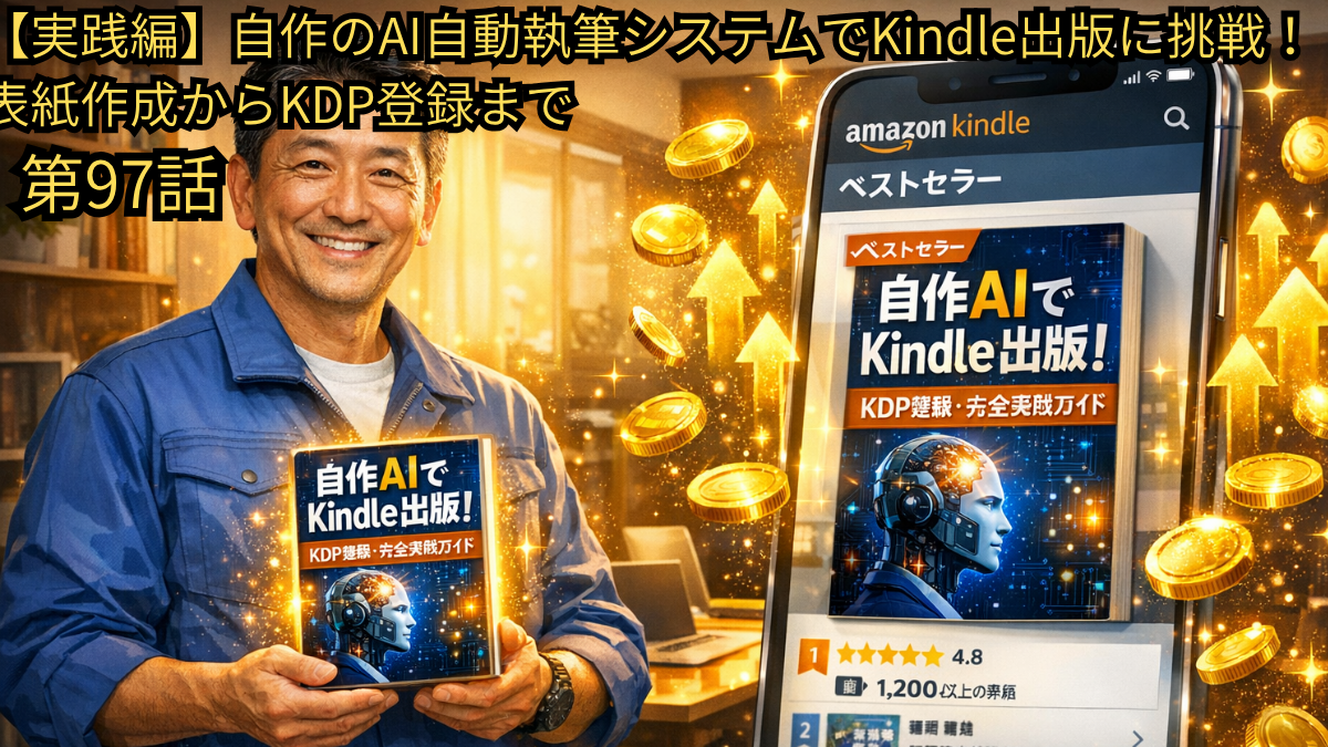 自作のAI自動執筆システムを使い、表紙作成からKDP（Kindle Direct Publishing）登録までを行い、実際にKindle出版に挑戦するプロセスを解説したブログ第97話のアイキャッチ画像。笑顔の作業着男性が完成した書籍「自作AIでKindle出版！」を持ち、スマートフォン画面（ベストセラー1位）や上昇するコインと共に描かれた、成功と収益化のイメージ図。
