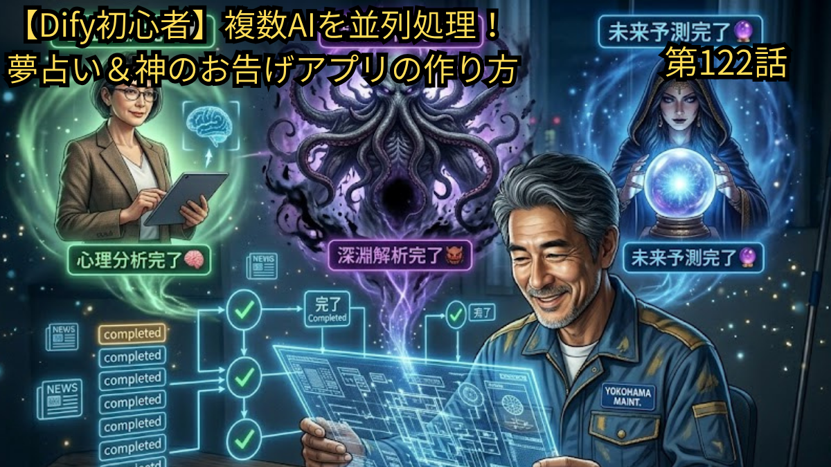 Dify初心者が「並列処理」機能を学び、入力された夢の内容を「心理分析（フロイト・ユング）」「深淵解析（クトゥルフ神話）」「未来予測（水晶占い）」の3つの異なるAI視点で同時に診断する「夢占い＆神のお告げアプリ」の作り方を解説したブログ第122話のアイキャッチ画像。作業着姿の49歳男性（Yasu）がデジタルのホログラムマップを操作する中、背後のモニターに心理学者、クトゥルフのようなモンスター、占い師のAIが並列で解析を完了（completed）させている近未来的なイメージ図。