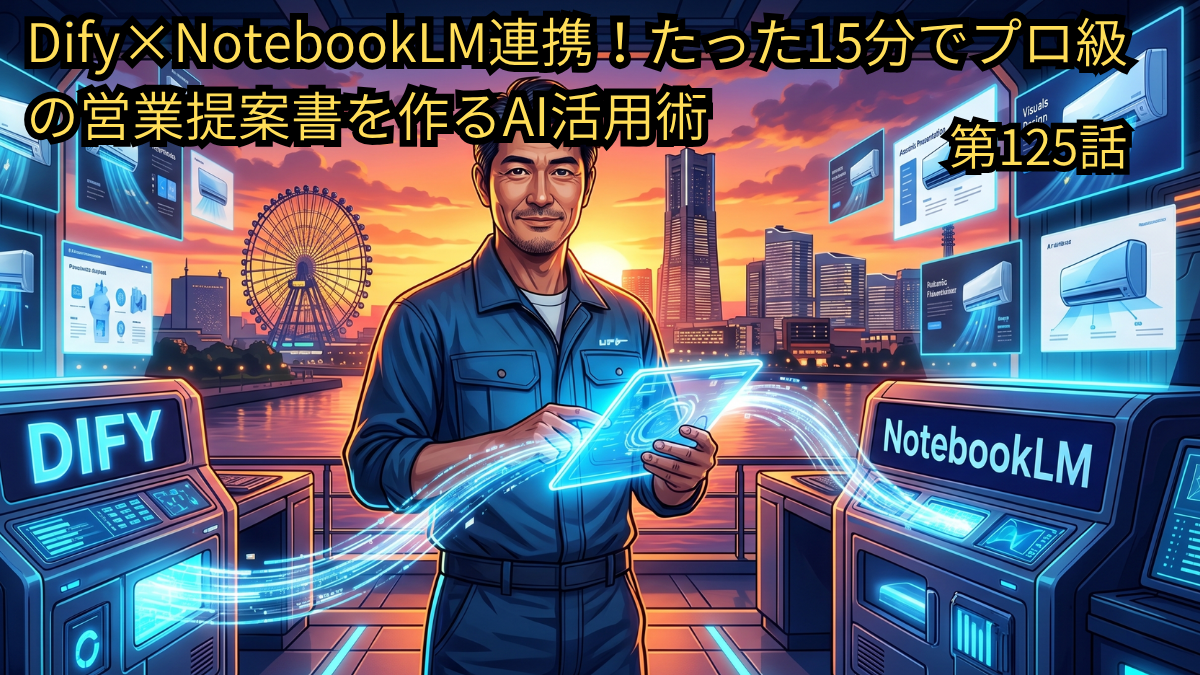 DifyとNotebookLMを連携させ、わずか15分でプロ級の営業提案書を作成するAI活用術を解説したブログ第125話のアイキャッチ画像。夕暮れの横浜みなとみらいを背景に、作業着姿の49歳男性（Yasu）がタブレットを操作し、DifyとNotebookLMの2つのシステムからエアコンの製品データや提案資料がホログラムとして飛び出している、清掃業の営業DXを象徴するイメージ図。