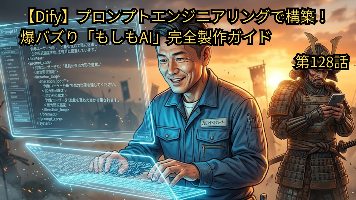 Difyのプロンプトエンジニアリングを駆使して、SNSで話題の「もしもAI」を作る方法を解説したブログ第128話のアイキャッチ画像。夕暮れの戦場を背景に、作業着姿の49歳男性（Yasu）が空中に浮かぶキーボードで複雑なXMLタグを含むプロンプトを構築し、その横で「もしも戦国時代にスマホがあったら」という設定を体現する、スマホを操作するフル装備の侍が描かれたイメージ図。