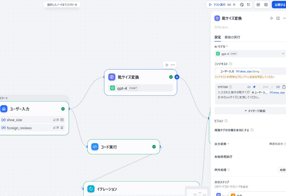 DifyワークフローのLLMノード（gpt-4）設定画面。入力された海外の靴サイズ（(x) shoe_size）を、日本のcmサイズへ自動変換するためのシステムプロンプト設定。ワークフロー全体では「ユーザー入力」から「コード実行」および「イテレーション（反復処理）」ノードへと分岐しており、大量の海外レビューデータを1件ずつ正確に処理し、サイズ表記などのローカライズを行うプロセス。