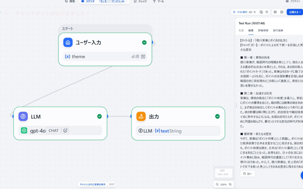 Difyで構築した「もしもAI」のワークフローと実行テスト画面。テーマ（theme）の入力からLLM（gpt-4o）が独創的なシナリオを生成するシンプルな構成。右側の出力画面には、「徳川家康とポイ活の乱世」というタイトルで、家康が戦国時代にポイントカードによる全国制覇を目指すという、シュールで爆笑を誘う「もしもストーリー」が第一章から最終章まで構造化されて表示されている。