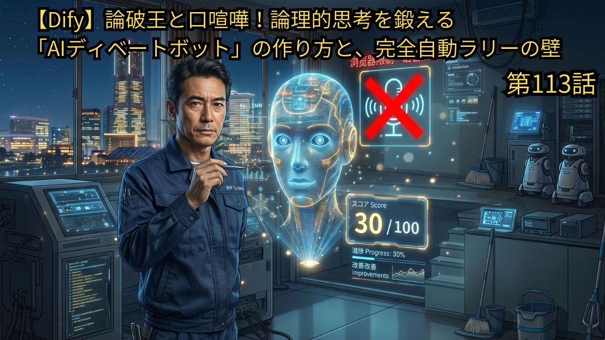 Difyを活用し、論理的思考力を鍛えるための「AIディベートボット」の作り方を解説したブログ第113話のアイキャッチ画像。作業着姿の清掃業者（田中）がペンを手に真剣な表情で見つめる中、近未来的な研究所のホログラムとして青く光るAIの頭部が出現。しかし、AIの横には赤く巨大な「×」印が付いたマイクアイコンが表示され、音声入力の自動ラリー構築における技術的な壁（失敗）を象徴しているイメージ図。