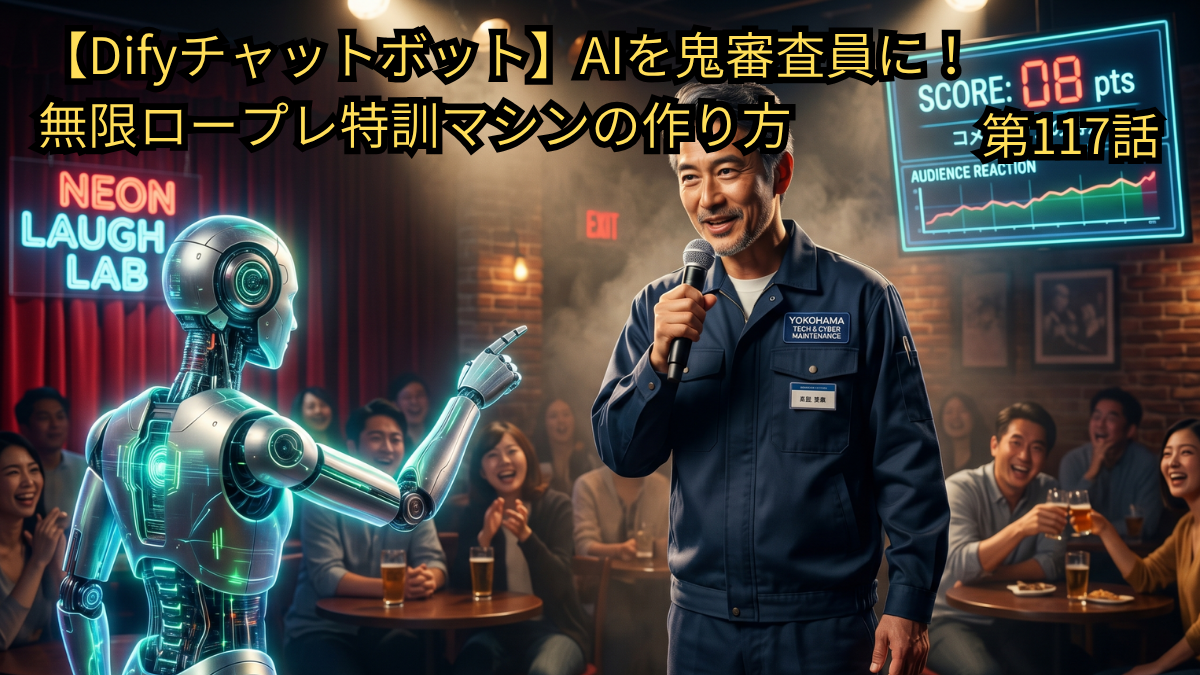 Difyチャットボットを「鬼審査員」に設定し、プレゼンや営業の無限ロープレ特訓マシンを作る方法を解説したブログ第117話のアイキャッチ画像。バーのようなステージでマイクを持つ作業着姿の49歳男性（Yasu）に対し、鋭い指差しで指導するAIロボット審査員と、背後のスコアボードに表示された「SCORE: 08 pts」という厳しい採点結果。観客が見守る中での緊張感あるロープレ訓練を象徴するイメージ図。