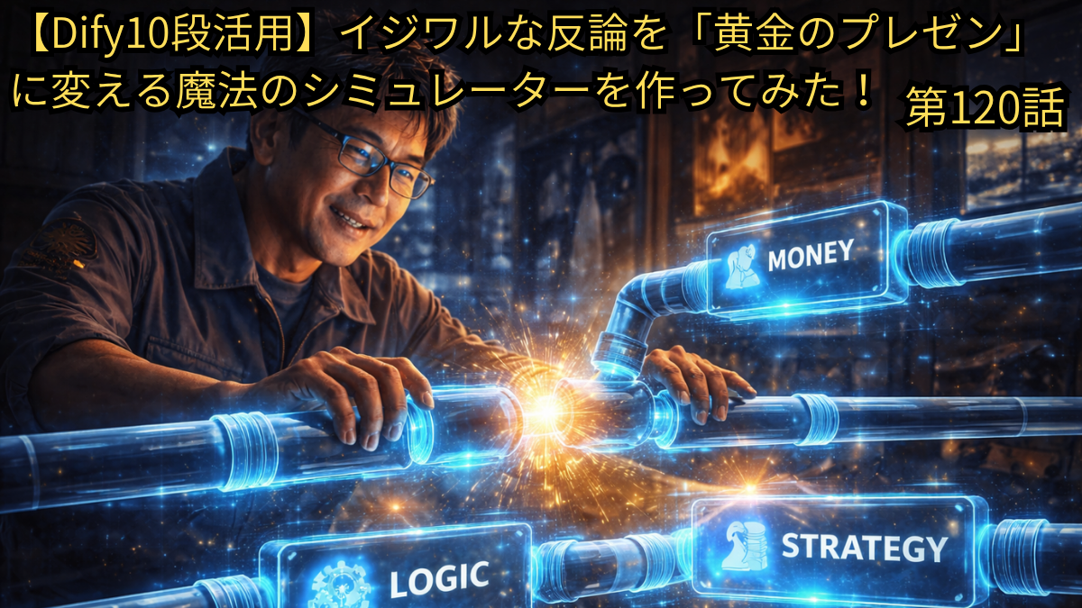 Difyワークフローの核となる「条件分岐（IF/ELSE）」ノードの仕組みと使い方を、IT未経験の49歳が泥臭く図解したブログ第121話のアイキャッチ画像。夜の作業部屋で、作業着姿の男性（Yasu）が、青く光る論理回路「Logic」を手に持ち、それが「Money（収益）」や「Strategy（戦略）」へと分岐していく近未来的なパイプラインを笑顔で構築している、業務自動化の成功を象徴するイメージ図。