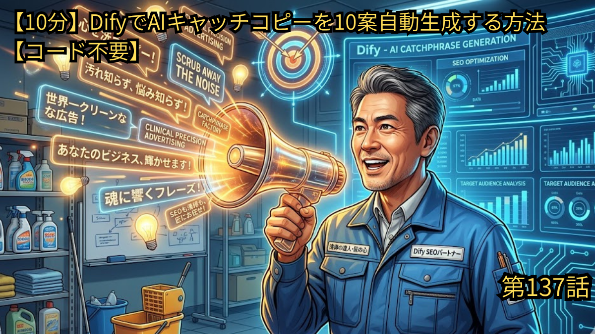 Difyを活用して、コード不要かつわずか10分で「魂に響くAIキャッチコピー」を10案自動生成する方法を紹介するブログ第137話のアイキャッチ画像。清掃業を営む作業着姿の50歳男性（ヤス）が、SEO最適化やターゲット分析などのデータが表示された近未来的なパネルを背に、光り輝く黄金のマイク（メガホン）を手に持ち、「あなたのビジネス、輝かせます！」といったキャッチコピーのアイデアが次々と飛び出しているイメージ図。