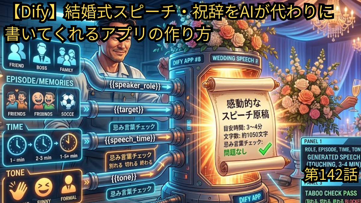 Difyを活用して結婚式のスピーチや祝辞を自動作成するAIアプリの仕組みと、感動的な原稿が生成されるイメージ図
