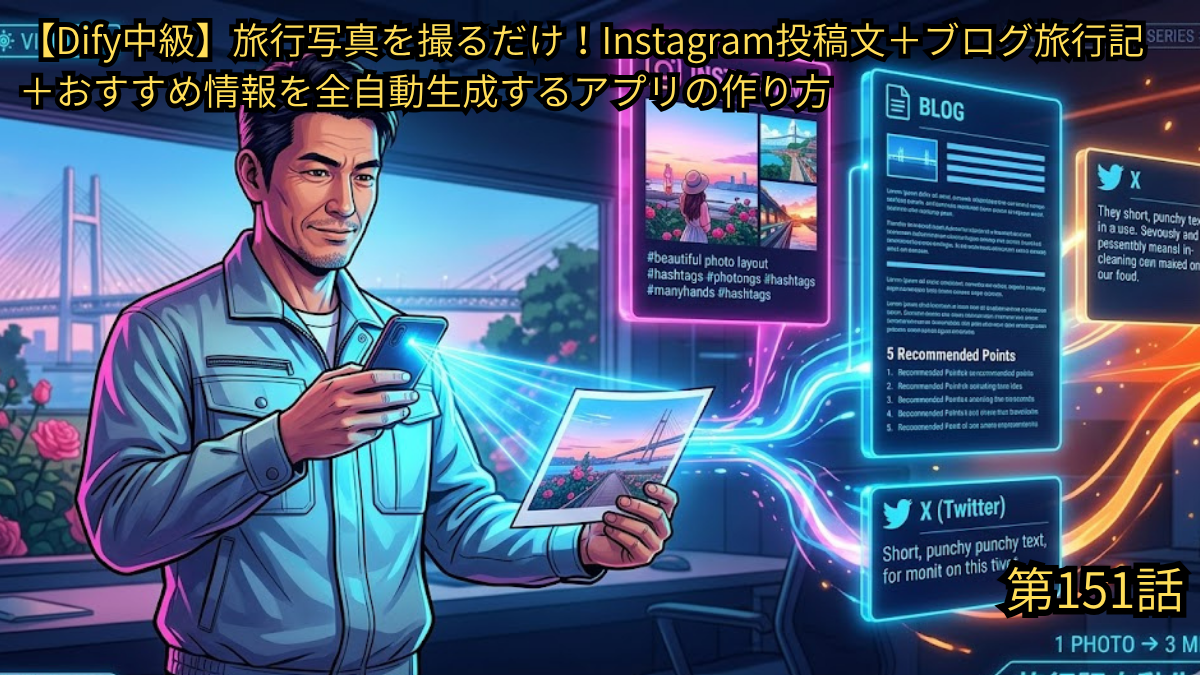 Dify中級編として、旅行写真をスマートフォンで撮影するだけで、Instagram投稿文、ブログ旅行記、スポットのおすすめ情報（5選）、X（Twitter）投稿文を全自動生成するアプリの作り方を解説した第151話のアイキャッチ画像。作業着姿の49歳男性がスマホと旅行写真（橋の風景）を手に持ち、前方にはInstagram、ブログ、Xの投稿画面、おすすめポイントのリストがネオンブルーのデジタルパネルで浮かび上がっている近未来的なデザイン。背景には、写真と同じベイブリッジのような大橋が見える。