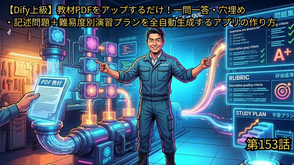 Dify上級編として、教材PDFをアップロードするだけで、一問一答・穴埋め・記述問題と難易度別演習プランを全自動生成する「問題集・学習プラン作成アプリ」の作り方を解説した第153話のアイキャッチ画像。左側では「PDF教材」の書類がDifyの吸い込み口（パイプライン）へと投入され、中央に立つ作業着姿の49歳男性が笑顔で両側を指し示している。右側には、自動生成された問題集（A+評価マーク付き）、評価基準（RUBRIC）、ステップアップ式の学習プラン（STUDY PLAN）のデジタルパネルが近未来的なネオンブルーで浮かび上がっている様子。