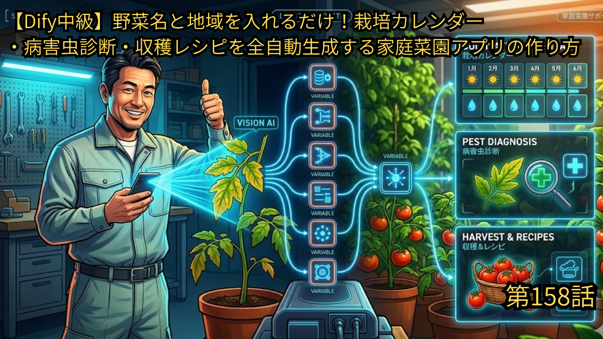 Dify中級編として、野菜名と地域を入力するだけで、栽培カレンダー、病害虫診断、収穫レシピを全自動生成する家庭菜園アプリの作り方を解説した第158話のアイキャッチ画像。左側にはスマートフォンを手にして笑顔で親指を立てる作業着姿の49歳男性（ヤス）と、元気に実ったトマトの鉢植えが描かれている。中央の植物から伸びる光のパイプライン（VARIABLE）がDifyの制御装置を経由して右側の大型モニターへと繋がり、モニター上には「栽培カレンダー（1月〜6月の気候シミュレーション）」「病害虫診断（トマトの葉の画像解析）」「収穫レシピ（トマト料理の提案）」のデジタルパネルがネオンブルーで浮かび上がっている様子。